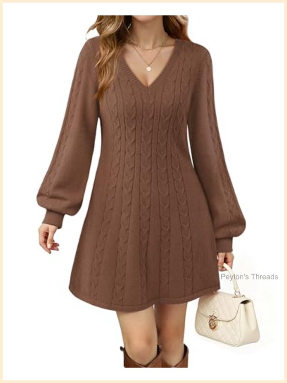 V Neck Long Sleeve Cable Knit Babydoll Sweater Dress A-Line Mini